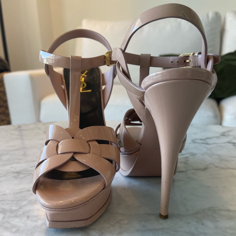 Saint Laurent Nude Pink Patent Leather Tribute Sandals Size 39.5